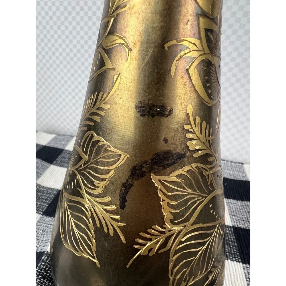 Vintage Etched Brass Floral Vase Tall Bud Vase Gold Tone Boho Decor 15